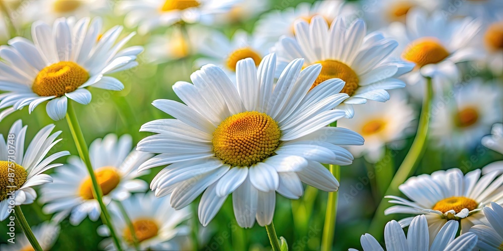 Fototapeta premium Close up of beautiful white daisies in bloom , flowers, flora, nature, garden, petals, sunny, meadow, summer, spring, bright