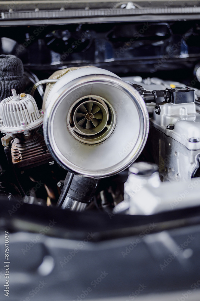 Diesel engine turbocharger.Turbo charger on car engine for power booster torque drive.A big turbo on car.Big turbo for up boots. Diesel engine turbocharger.Turbo charger on car engine for power booster torque drive.A big turbo on car.Big turbo for up boots.