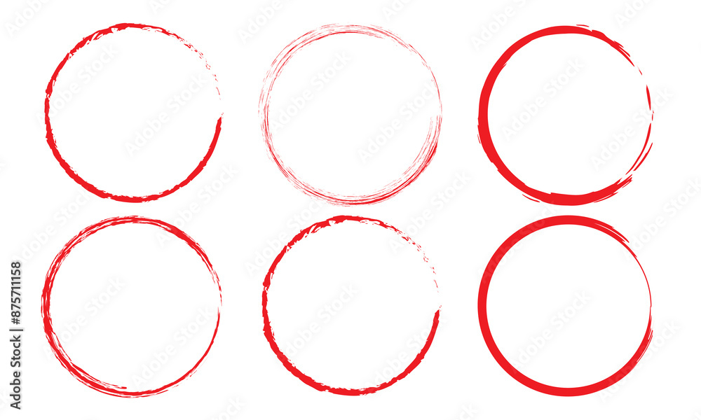 Grunge circles brush set. red circle frames. Round line of red  paint. Grunge round shapes. Circular ink brush stroke fro design elements. Vector illustration.
