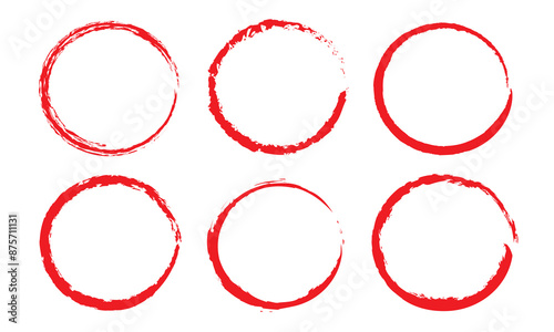 Grunge circles brush set. red circle frames. Round line of red  paint. Grunge round shapes. Circular ink brush stroke fro design elements. Vector illustration.
