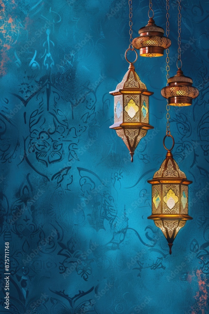 Obraz premium Hanging Lanterns on Blue Wall
