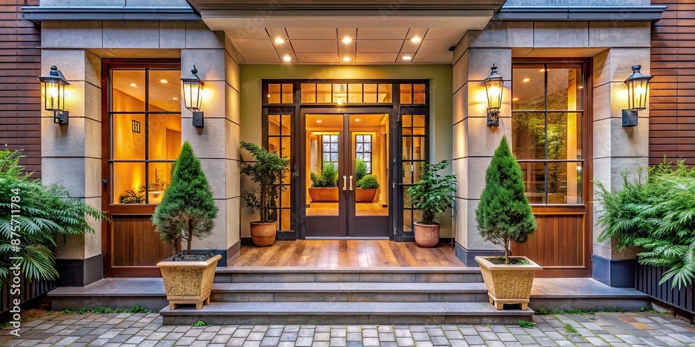 Obraz premium A welcoming entrance to a bright and cozy building, door, warm, sunny, entrance, inviting, cozy, building, architecture