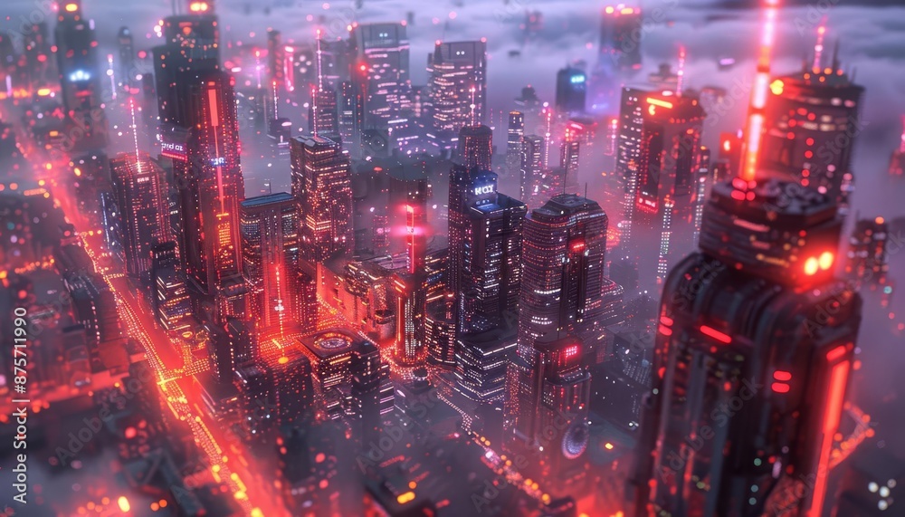 Obraz premium Futuristic cityscape with glowing neon lights and high-rise buildings shrouded in mist, representing a cyberpunk aesthetic.