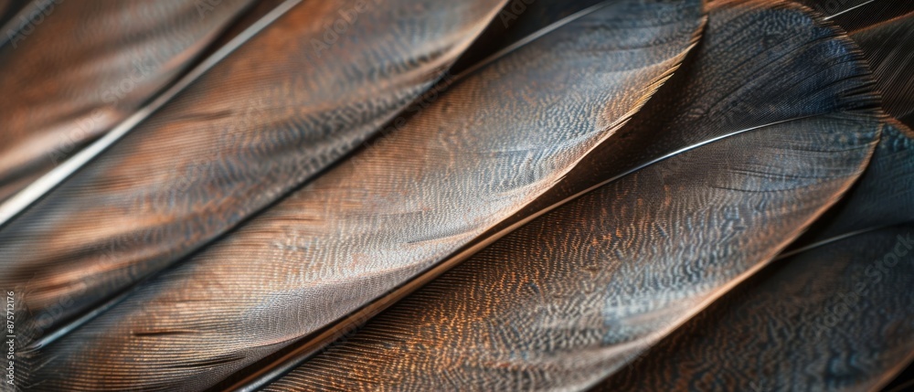 Obraz premium Close-Up of Intricate Feather Patterns with Rich Brown and Blue Tones