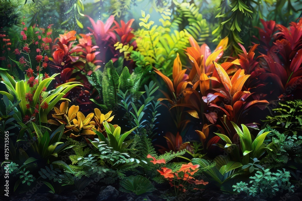 Obraz premium A vibrant, lush tropical garden brimming with colorful plants and dense foliage, creating a serene and enchanting natural landscape.