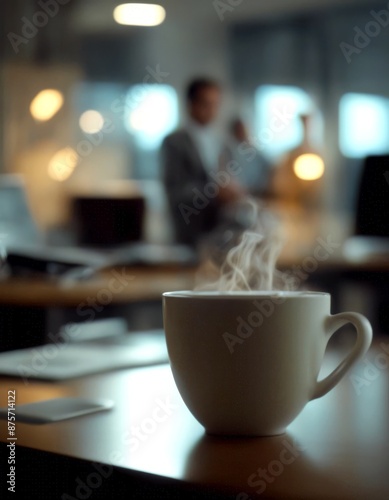 background cups of tea wooden office table workers from coffee tablet closeup corporate business person meeting