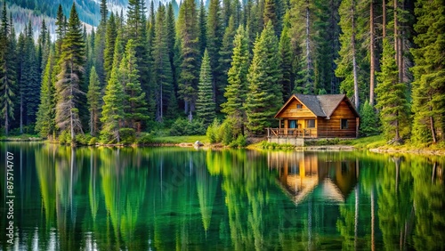 Cabin nestled in pine trees next to a tranquil lake, cabin, pine trees, lake, nature, wilderness, serene, peaceful © Sujid