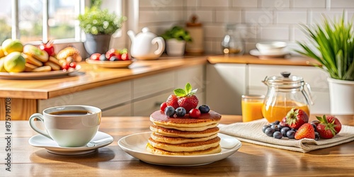 Wallpaper Mural A cozy breakfast scene in a kitchen with coffee, pancakes, and fresh fruits , morning, breakfast, kitchen, coffee, pancakes, fruit Torontodigital.ca