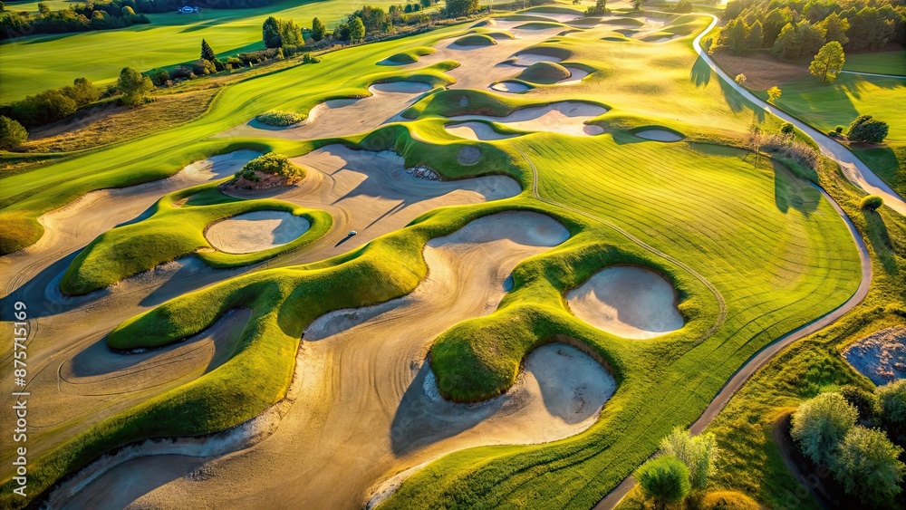 Obraz premium Aerial view of a picturesque golf course with beautifully sculpted sand bunkers, golf course