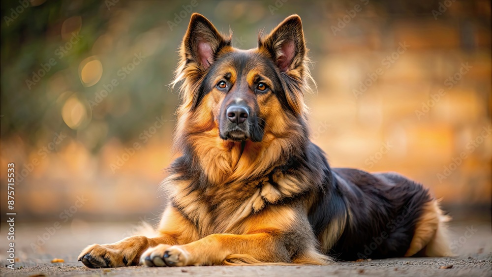 A content dog with a beautiful brown and black coat lying comfortably on the ground , dog, pet, animal, fluffy, canine, brown A content dog with a beautiful brown and black coat lying comfortably on the ground , dog, pet, animal, fluffy, canine, brown