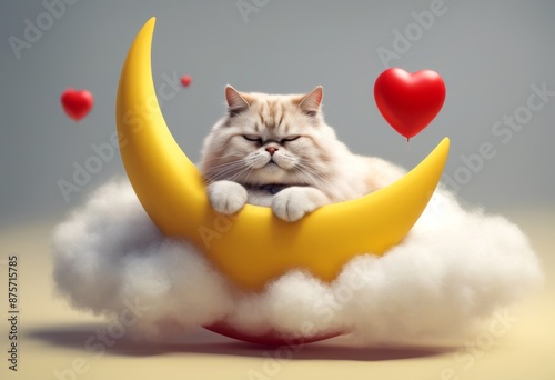 love fat lazy red cartoon sweet days night card white art cat render yellow floating moon happy sleeps olated dreams 3d backdrop good i air shape fluffy minimal three dimensional illustration