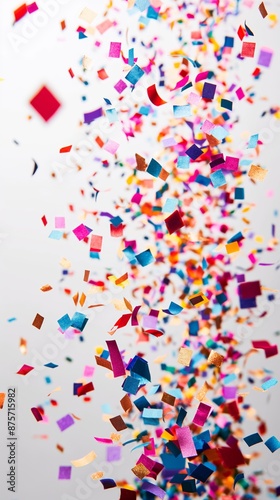 Colorful confetti falling on white background, perfect for party and celebration concepts.