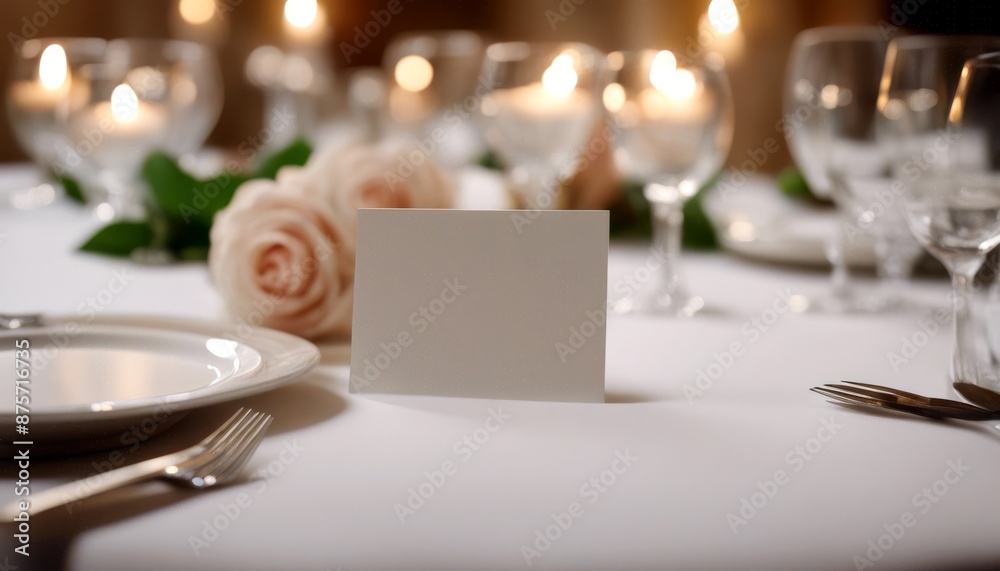 Fototapeta premium reception blank closeup tablecloth setting decoration placecard fork table place wedding white