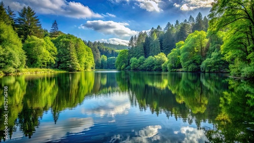 A tranquil lake surrounded by lush green forests in the background, tranquil, lake, nature, serene, peaceful, scenic, trees