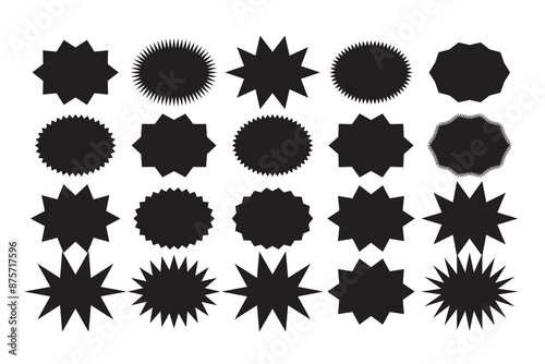 Black starburst sticker shapes set. Starburst price. Black Sale and discount stickers.