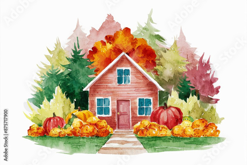 Watercolor painting of a red cottage in autumn, house with colorful autumn plants
