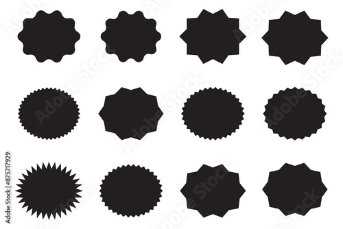 Sunburst sticker shapes. Rounded starburst zigzag badge, spiky oval, circle and star shaped price tag, discount and sale label stickers. Jagged silhouettes vector set.