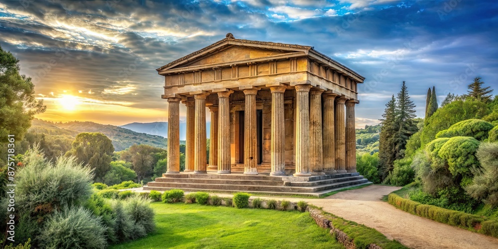 Obraz premium Ancient Greek temple made of wood surrounded by nature, Athena, temple, Greece, ancient, architecture, historical, sacred