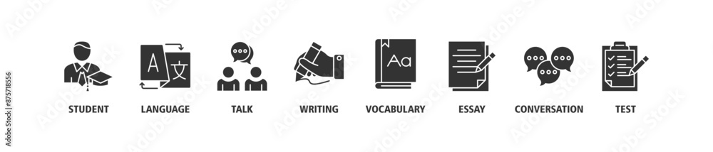 English class banner web icon set vector illustration symbol concept with icon of student, language, talk, writing, vocabulary, essay, conversation, test English class banner web icon set vector illustration symbol concept with icon of student, language, talk, writing, vocabulary, essay, conversation, test