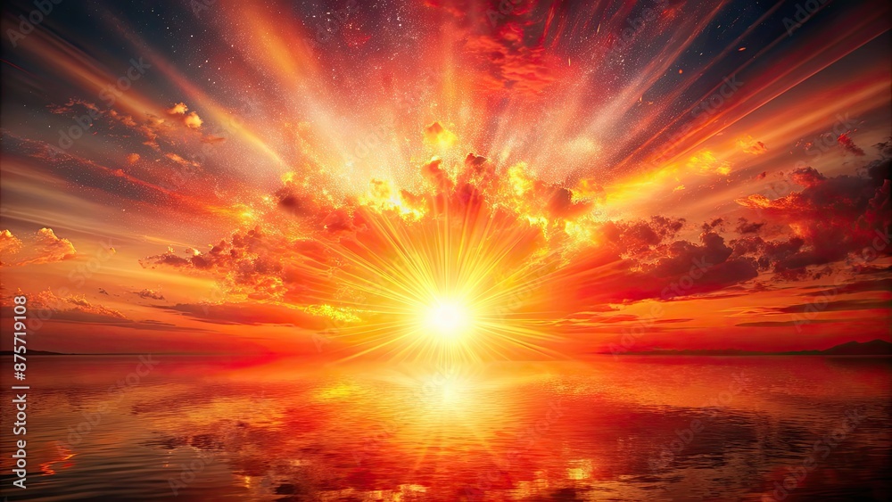 Obraz premium Cherry red and sunset orange explosion in a summer dawn burst, cherry red, sunset orange, explosion, summer, dawn, burst