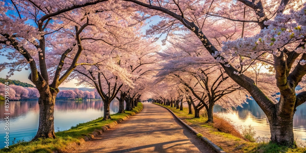 Cherry blossom filled lake path, cherry blossom, lake, spring, pathway, serene, blooming, peaceful, scenic, nature, walkway, pink