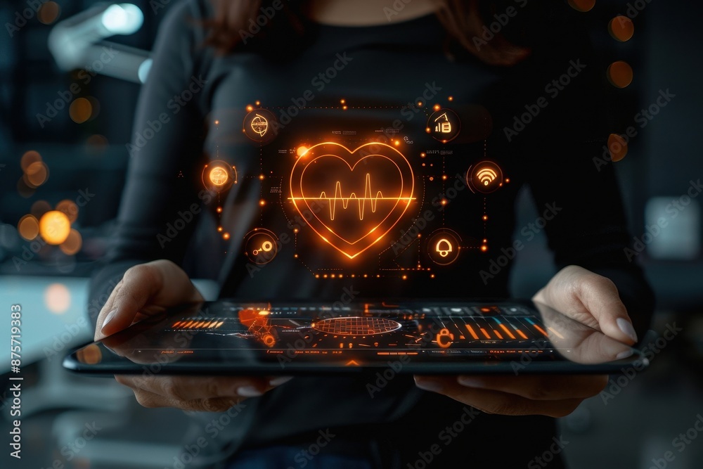 Businessman with tablet showing holographic health, highlighting tech advancements in healthcare. Businessman with tablet showing holographic health, highlighting tech advancements in healthcare.
