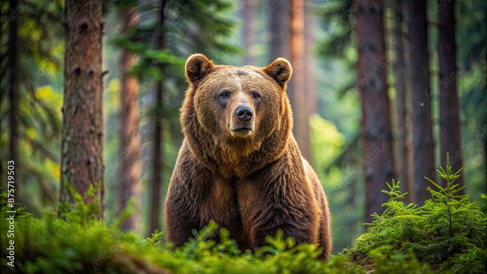 Obraz premium Big brown bear in the forest, wildlife, nature, animal, mammal, predator, grizzly, wilderness, fur