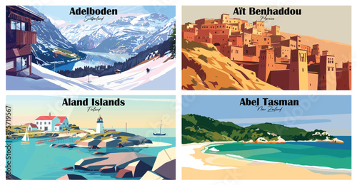 Travel landmarks tourism world famous, Vector illustration. Design for travel wallpaper, flyer or web banner design template. Panorama view. Copy space