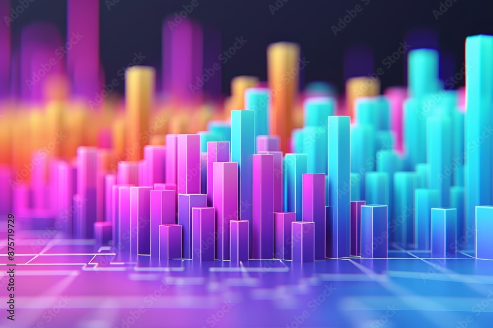 Abstract 3D rendering of a city skyline with colorful glowing skyscrapers.