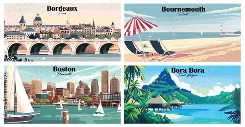 Travel landmarks tourism world famous, Vector illustration. Design for travel wallpaper, flyer or web banner design template. Panorama view. Copy space