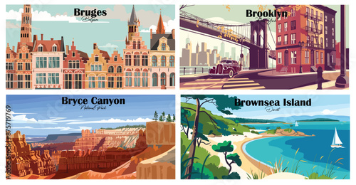 Travel landmarks tourism world famous, Vector illustration. Design for travel wallpaper, flyer or web banner design template. Panorama view. Copy space