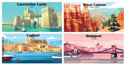 Travel landmarks tourism world famous, Vector illustration. Design for travel wallpaper, flyer or web banner design template. Panorama view. Copy space
