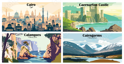 Travel landmarks tourism world famous, Vector illustration. Design for travel wallpaper, flyer or web banner design template. Panorama view. Copy space