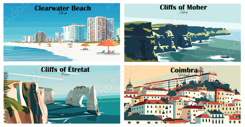 Travel landmarks tourism world famous, Vector illustration. Design for travel wallpaper, flyer or web banner design template. Panorama view. Copy space