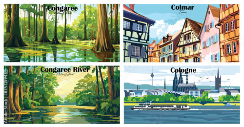 Travel landmarks tourism world famous, Vector illustration. Design for travel wallpaper, flyer or web banner design template. Panorama view. Copy space