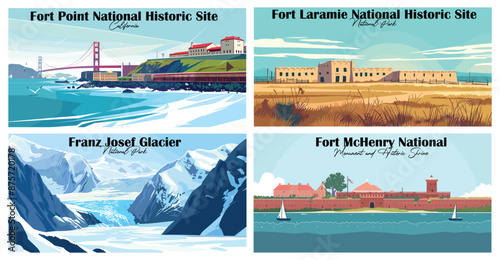 Travel landmarks tourism world famous, Vector illustration. Design for travel wallpaper, flyer or web banner design template. Panorama view. Copy space