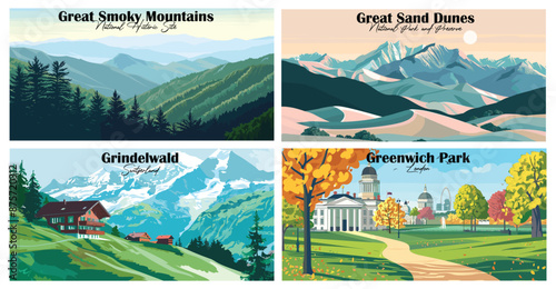 Travel landmarks tourism world famous, Vector illustration. Design for travel wallpaper, flyer or web banner design template. Panorama view. Copy space