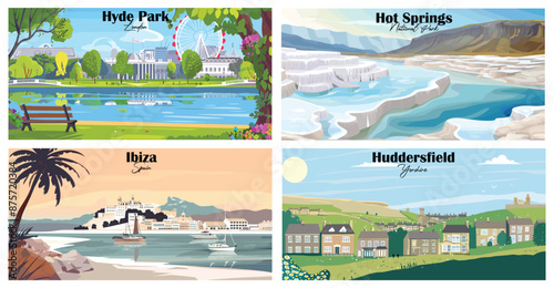 Travel landmarks tourism world famous, Vector illustration. Design for travel wallpaper, flyer or web banner design template. Panorama view. Copy space