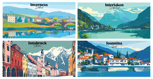 Travel landmarks tourism world famous, Vector illustration. Design for travel wallpaper, flyer or web banner design template. Panorama view. Copy space