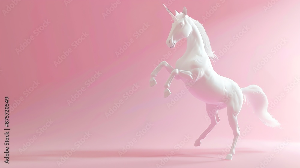 Fototapeta premium A white unicorn with a pink mane and tail stands on its hind legs against a pink background.