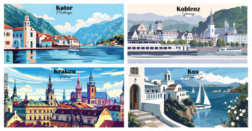 Travel landmarks tourism world famous, Vector illustration. Design for travel wallpaper, flyer or web banner design template. Panorama view. Copy space