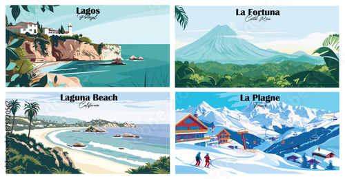 Travel landmarks tourism world famous, Vector illustration. Design for travel wallpaper, flyer or web banner design template. Panorama view. Copy space