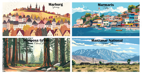 Travel landmarks tourism world famous, Vector illustration. Design for travel wallpaper, flyer or web banner design template. Panorama view. Copy space