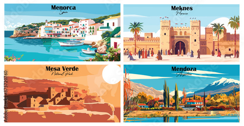 Travel landmarks tourism world famous, Vector illustration. Design for travel wallpaper, flyer or web banner design template. Panorama view. Copy space