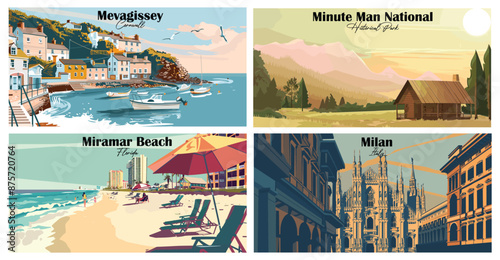 Travel landmarks tourism world famous, Vector illustration. Design for travel wallpaper, flyer or web banner design template. Panorama view. Copy space