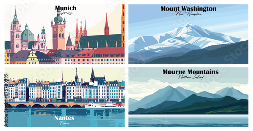 Travel landmarks tourism world famous, Vector illustration. Design for travel wallpaper, flyer or web banner design template. Panorama view. Copy space