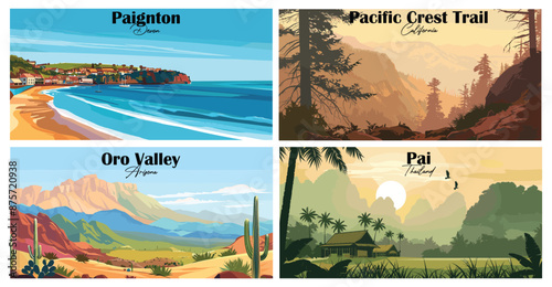 Travel landmarks tourism world famous, Vector illustration. Design for travel wallpaper, flyer or web banner design template. Panorama view. Copy space