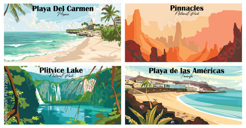 Travel landmarks tourism world famous, Vector illustration. Design for travel wallpaper, flyer or web banner design template. Panorama view. Copy space