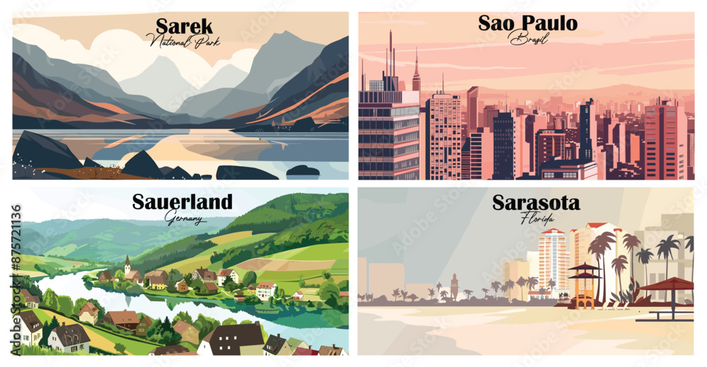 Fototapeta premium Travel landmarks tourism world famous, Vector illustration. Design for travel wallpaper, flyer or web banner design template. Panorama view. Copy space