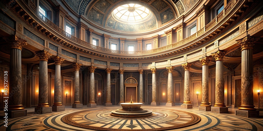Obraz premium Captivating CG rendering of a circular ancient temple interior with dramatic lighting, Temple, Ancient, Circular